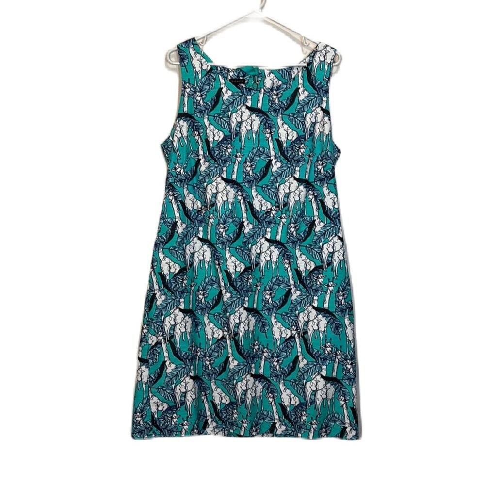 Talbots Giraffe Print Sheath Shift Dress Blue Teal Green Zoo Safari Zip Size 12